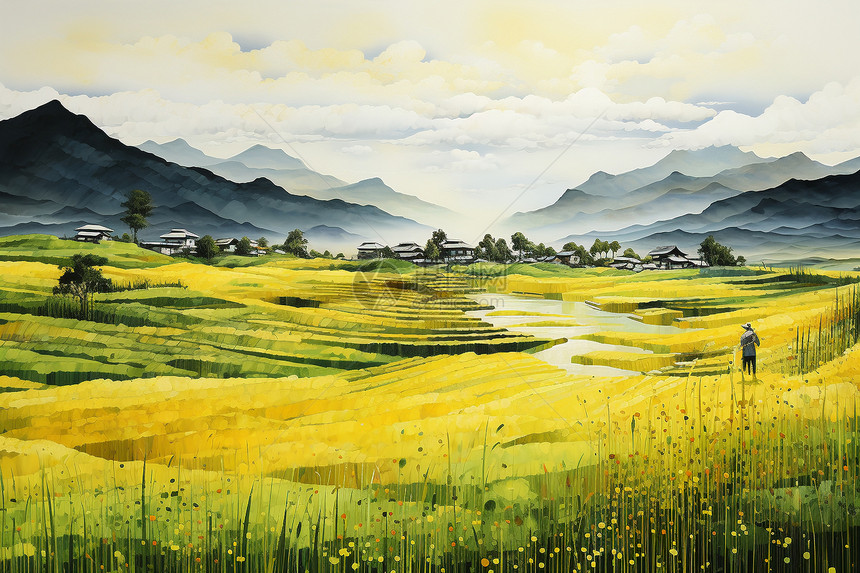 金黄稻田的水彩画图片
