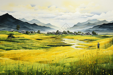 金黄稻田的水彩画背景图片