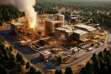 烟囱排放巨大的生物工厂设计图片