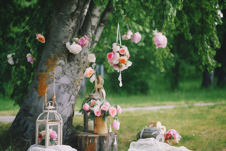 小花园里玫瑰盛开花园里浪漫的装饰背景