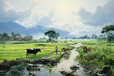 田间牧牛的农民图片