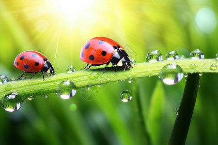 红色清新气泡绿叶上水滴和瓢虫背景