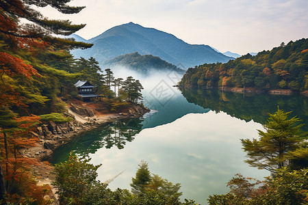 秋天的山水画风景图片