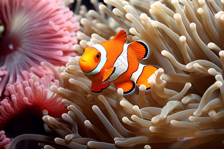 美丽的珊瑚群和可爱的小丑鱼背景图片