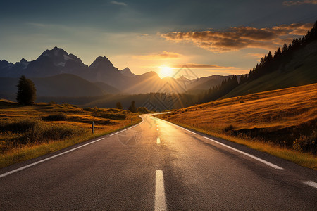 夕阳下的乡村道路图片