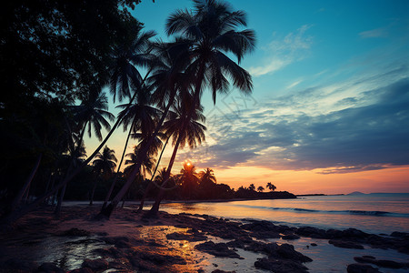 夕阳余晖中的小岛沙滩图片