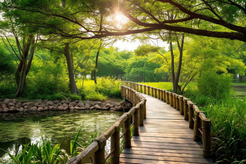 公园河面上的木桥图片