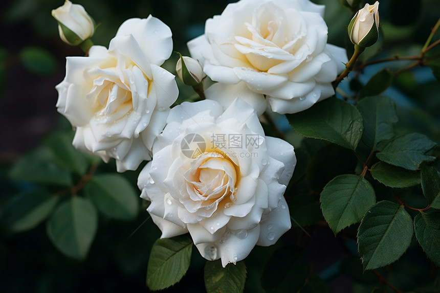 夏季花园中盛开的白色玫瑰图片