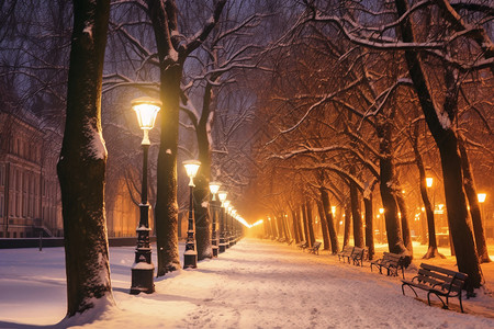 下雪路灯夜晚的下雪街景背景