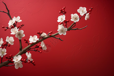 树枝纷飞墙红花白高清图片