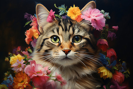 被鲜花簇拥的猫咪插画