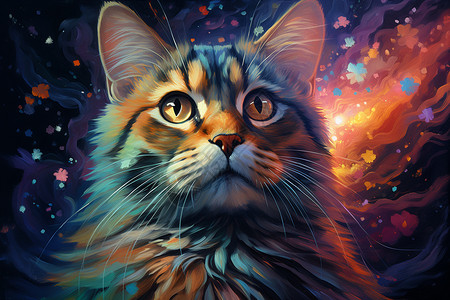 西星斑神奇的猫咪在星空下插画