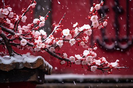 梅花和仙鹤梅花飘雪的风景背景