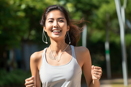 女孩戴着耳机跑步图片