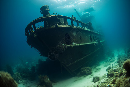 深海的船沉沉船潜水高清图片