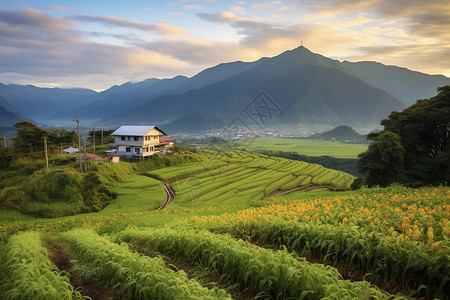 山水间的田园风光背景图片