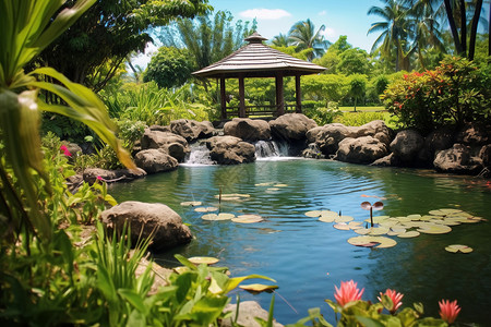 花园鱼塘风景优美的花园景观背景