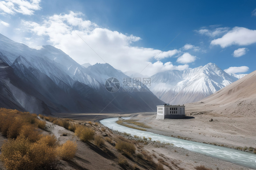 荒野中的雪山山脉景观图片