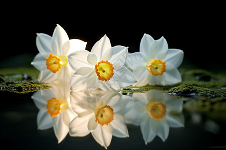 湖畔花簇的白色水仙花图片
