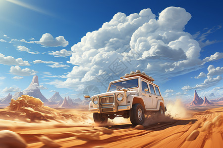 白色炫酷沙漠中帅气的越野车插画