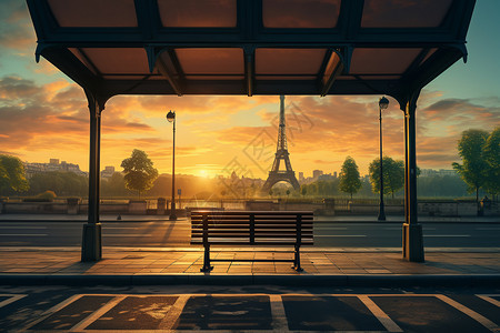 夕阳下城市中的站台背景图片