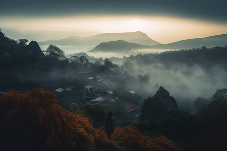 清晨朦胧的山间村庄景观图片