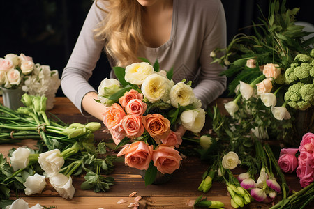 包装、鲜花正在包装的美丽花束背景