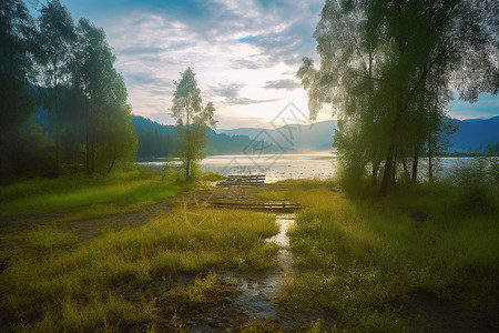 日出湖畔的美丽景观图片