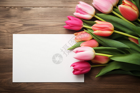郁金香花束旁的贺卡背景图片