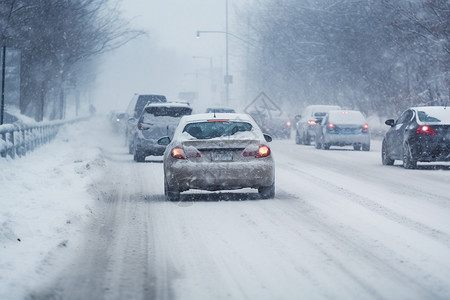 车结冰冬季雪中街道上的车流背景