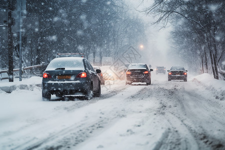 车结冰冬季大雪覆盖的街道背景