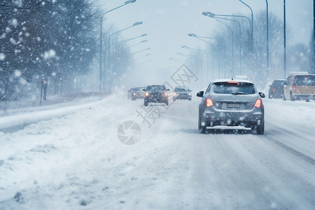 车结冰冬季雪中的街道背景