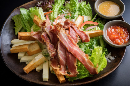 健康美食的猪肉蔬菜沙拉图片