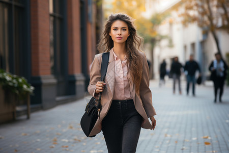 秋季街道上的职场女性图片