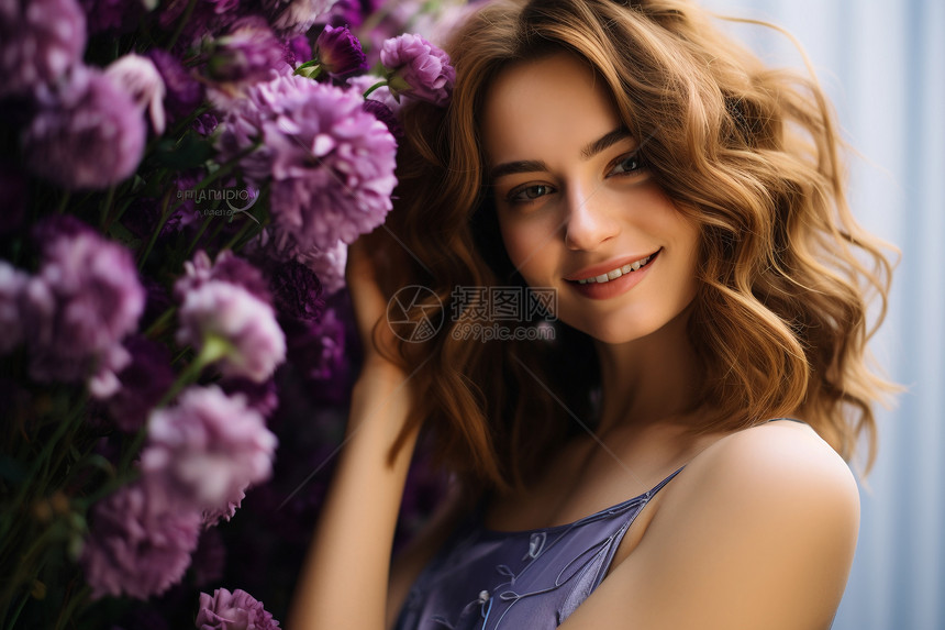 紫色花墙旁美丽的女子图片