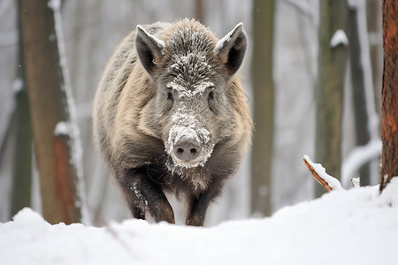 冬天森林里的野猪背景图片