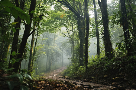 夏季雾气弥漫的森林小路背景图片