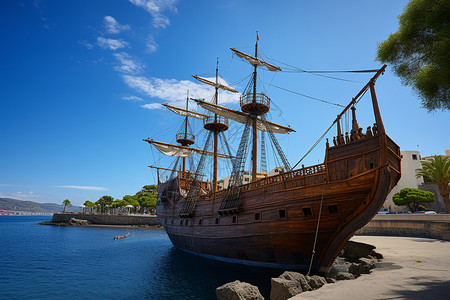 手绘木质帆船阳光下的古老木质帆船背景