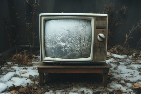 屏幕雪花雪地上的老式电视背景