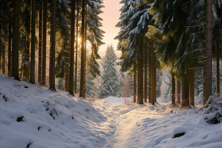 松林小径冬日晨曦中的雪景小径背景