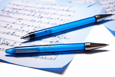 五线谱纸素材蓝色的笔压着音符背景