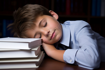 书堆旁睡觉的小男孩图片