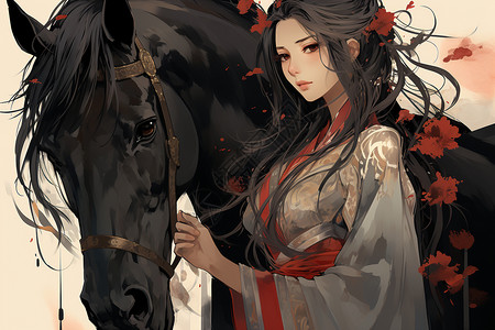 黑马旁的古风少女背景图片