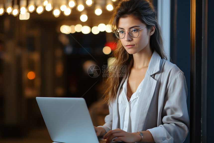 夜晚互联网办公的职场女性图片