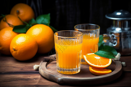 木桌上橙汁图片