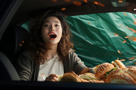 汽车里品尝食物的女子图片