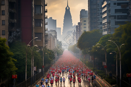 清晨城市中的马拉松比赛图片
