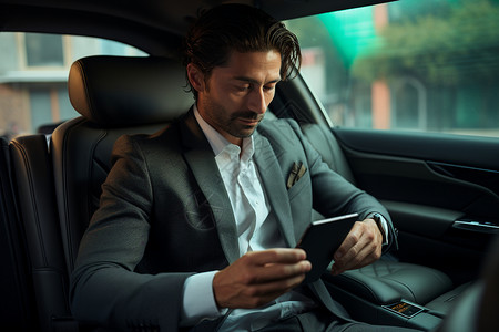 车内沉迷手机的商务男子背景图片