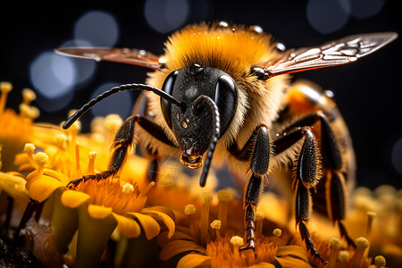 花上露珠中的蜜蜂背景图片