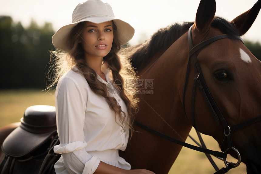 马匹旁优雅的女子图片